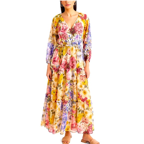 Express Dresses & Skirts - NWT Express XL Multi Floral V-Neck Long-sleeve Tiered Ruffle Maxi Dress